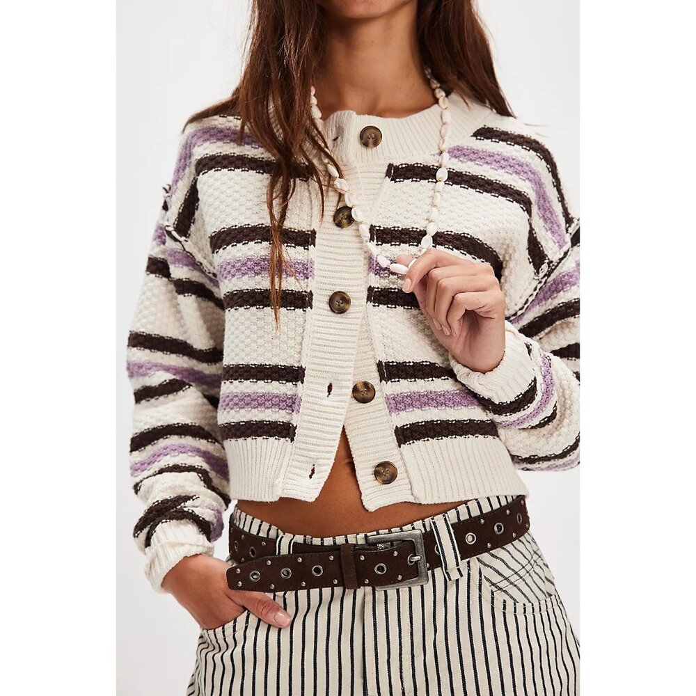 Free People NWT Cream Striped Cardigan with Purple and Brown Accents